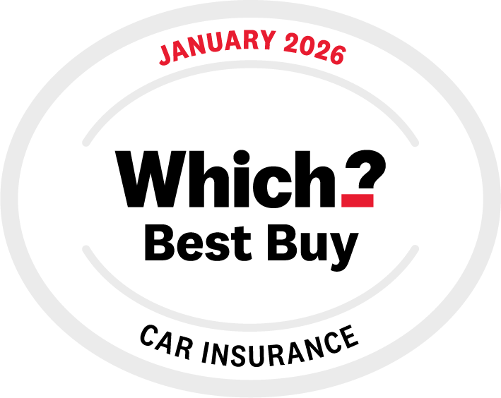 Which? Best Buy Car Insurance badge for January 2026, showing the Which? logo inside a grey oval.